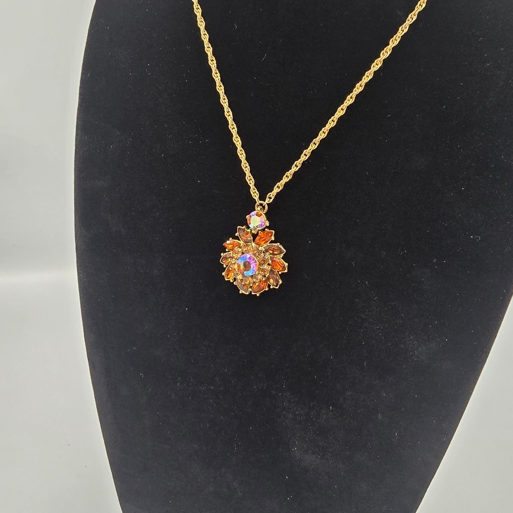 Vintage Trifari Necklace AB Rhinestones Gold Tone Amber Brown - Picture 4 of 12